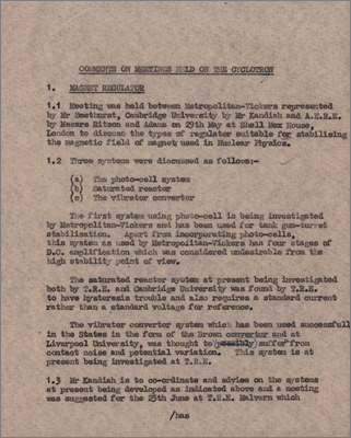 Comments on meetings held on the cyclotron (date unspecified but assumed to be 1946)