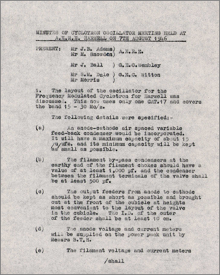 Minutes of Cyclotron Oscillator meeting held at AERE Harwell (7 August 1946)