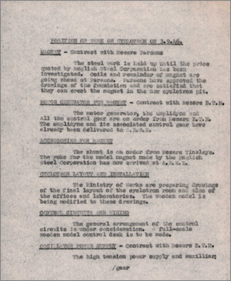 Position of work on cyclotron (3 September 1946)