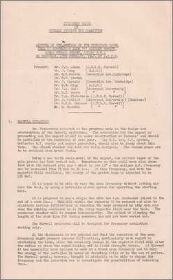 Minutes of the meeting of the Cyclotron Panel of the Nuclear Physics Sub-committee held in the Cabinet Office (13 February 1947)