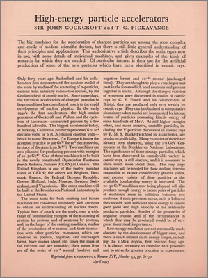 High-energy particle accelerators (An article by Cockcroft and Pickavance for the journal ENDEAVOUR with photos of synchrotrons in the UK and elsewhere, April 1955)