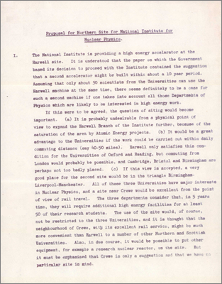 Proposal for Northern Site for National Institute for Nuclear Physics and covering note from Skinner; includes a third-angle projection of the site for a 3 BeV Spiral Ridge Cyclotron (20 December 1957)