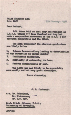 Letter from Cockcroft to Skinner at Liverpool reporting on issues with the electron-synchrotron as described by Stanford and MIT via John Adams (9 January 1958)
