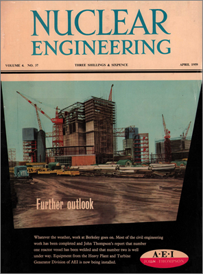 Adverts, an article about organisational changes at the AEA and comparative tables of particle accelerators (Nuclear Engineering, April 1959)