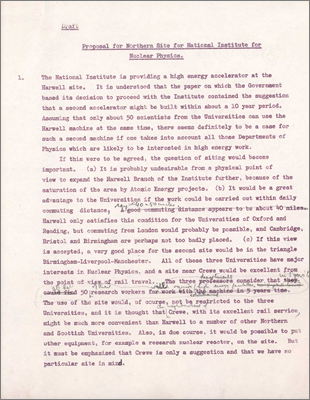 Draft proposal for a second, northern site for NIRNS including siting, advisory committee and possible characteristics of the accelerator (undated but refers to four meetings of some northern accelerator committee)