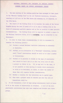 Working Party on future accelerator policy (ToR and notes from Stafford, 16 March 1960)