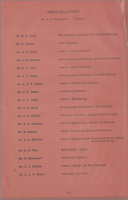 List of Senior Staff and positions (part of a longer document, very early 1960s because it includes JJ Wilkins who died in a car accident on 17 October 1962)