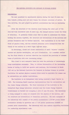 The National Institute for Research in Nuclear Science (Draft of part of a book chapter or paper; undated but mentions Nimrod under construction so very early 1960s)
