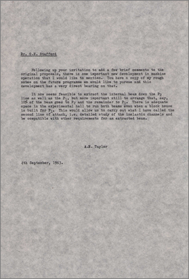 Note from Taylor to Stafford concerning recent accelerator developments (4 September 1963)