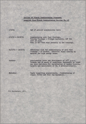 Outline of Nimrod commissioning programme compiled from Nimrod commissioning meeting no.45 (9 September 1963)