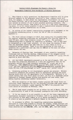 Initial HEP program for Nimrod: Notes for Experiments Committee from standpoint of Machine Operations (Note from Hobbis; Outline of Nimrod commissioning and recommended scheduling policy to December 1964; 10 September 1963)