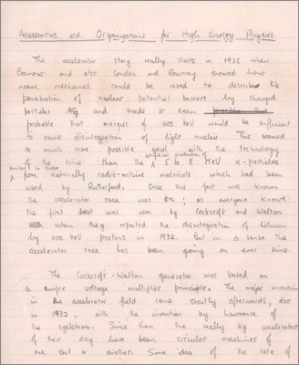 Accelerators and organizations for High Energy Physics (handwritten text for a lecture by Jim Valentine at the Institute of Physics and the Physical Society, Bristol; from context, notes assumed to be 30 September 1963)