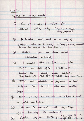 Hand-written notes by presumably Paul Williams following phone calls with Walter Marshall Colin Whitehead (5 June 1974)