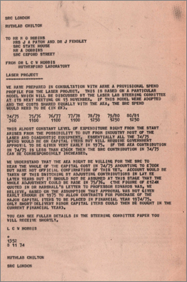 Telex from LCW Hobbis, RL to various people at SRC concerning anticipated costs (8 November 1974)