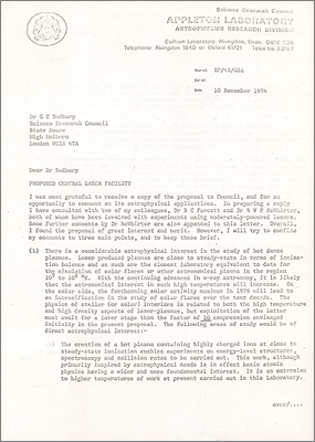 Letter from AH Gabriel, Appleton Lab to GC Sudbury with technical comments concerning the lack of plasmas and astrophysical applications in the proposal (10 December 1974)