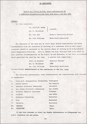 Report by C Whitehead and DETF Ashby on a visit to US Laser Laboratories by an AERE/Rutherford/University Team 10 September to 4 October 1974 (January 1975; Ten sites are listed but the report from one of them has been removed)