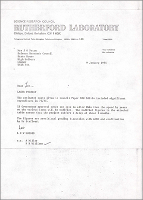 Letter from LCW Hobbis to J Paton, SRC concerning expenditure and the timing of Government approval (9 January 1975)