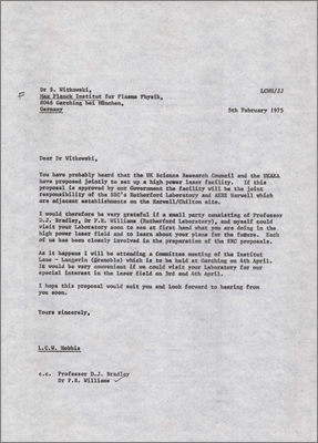 Letter from LCW Hobbis to S Witkowski, Max Planck Institut enquiring whether he can visit the institute (5 February 1975)
