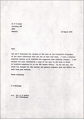 Note from Paul Williams to Mick Lomer with new draft for the Scientific Programme of the AEA/SRC Laser Laboratory (18 March 1975)