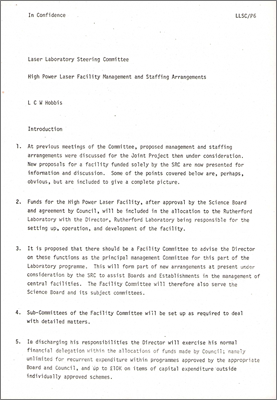 LLSC/P6 "High Power Laser Facility Management and Staffing Arrangements" Laser Laboratory Steering Committee paper by Leo Hobbis (undated but from context assumed to be 1975)