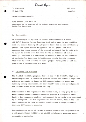 SB 63-74 and P/AL/25 "High-powered laser facility: Memorandum by the Chairman of the Science Board and the Director, Rutherford Laboratory" plus associated minutes (17 July 1974)