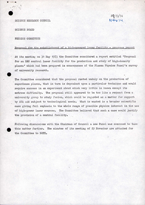 P9 73/74 "Proposal for the establishment of a high-powered laser facility: Progress report" SRC Science Board Physics Committee (November 1974)