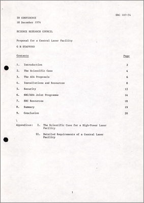SB 107-74 and P/AL/25 "Proposal for a Central Laser Facility" Paper by Dr GH Stafford; technical appendices have not been scanned (18 December 1974)