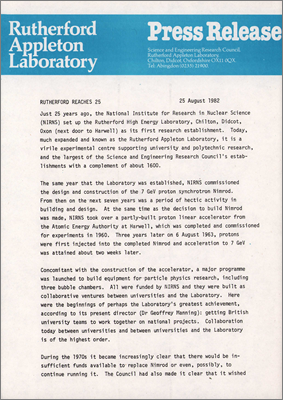 Rutherford reaches 25 (25 August 1982, a selection of press releases and clippings on the 25th anniversary of the laboratory)