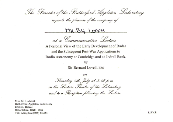 Invitation to an event commemorating the 50th anniversary of the invention of radar (4 July 1985, with keynote speaker Sir Bernard Lovell)