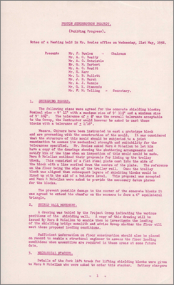 Minutes regarding building progress including shielding blocks, cooling toe4rs and cranes (21 May 1958)