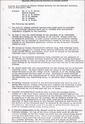 Minutes written by GL Cooper, B412 of a meeting to discuss Library Services for NIRNS shared with the AERE Library (22 April 1959)