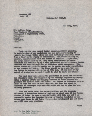 Letter from Bowles to Ashley, Chief Engineer, UKAEA, Risley concerning construction difficulties including copper liner held up by strikes, and development of vacuum chamber (1 July 1960)