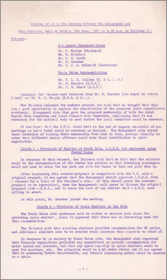 Minutes of a meeting between the management and shop stewards concerning bus and cycle shelters, use of B150 canteen, site emergency warning system, form of vacancy notices, provision of soap and towels in R6 and various representations (9 June 1961)