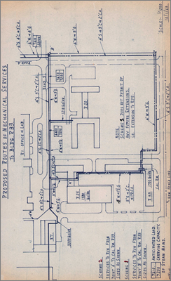 Note from Colonel Wilson, SWO concerning R33 Electronic Laboratory and office block (Includes choices of site with plans, estimated costs and routes for mechanical services, 22 January 1963)