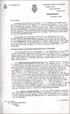 Letter from DA Gray, Water Department, Geological Survey and Museum, London to Thomas, RL concerning ground water movements at Mundford (7 April 1966)