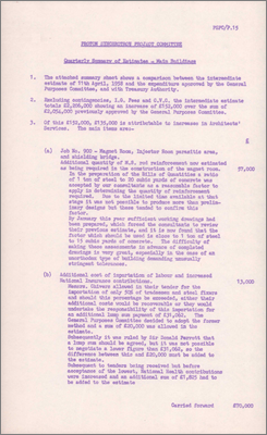 PSPC/P15 also NI(GP)(58)7 Increased estimate/Quarterly summary of cost of Main Building for the 7 GeV Proton Synchrotron (Revised estimates paper by GW Dixon, 15 May 1958)