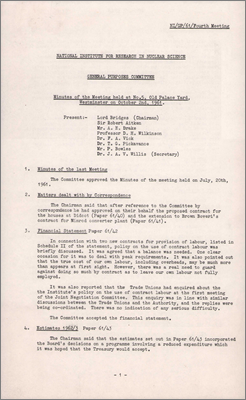 NI(GP)(61)4 Discussion of policy on use of contract labour; estimates 1962/3; Jellicoe recommends topsoil and seeding of spoil heap to make slopes manageable and stable; DC power supply for Nimrod beam transport contract to Brentford Transformers for 67,992 pounds; vacuum chamber position improving but concern at costs (2 October 1961)