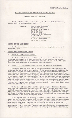 NI(GP)(62)4 Estimated expenditure on Electron Laboratory; need for an Electron Synchrotron Project Committee; changes to five-year forecast reducing support of university use of AEA reactors, reduction in store materials and services; latest forecast shows over-expenditure of 365,000 pounds in 1962/3; alterations to equipment to be order for Atlas computer; plans for Lecture Theatre; electrical power distribution work; contract with Marston Excelsior for vacuum vessels coming to a successful end, firm as delivered 9 of the 10 outer vessels, 7 out of 10 of the inner vessels, and 1 out of 4 header vessels with deliveries complete by mid-February (20 November 1962)