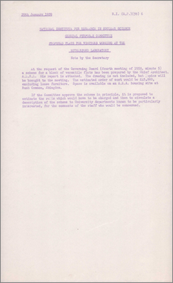 NI(GP)(59)6 Proposed flats for visitors working at the Rutherford Laboratory (A scheme for twelve three-bedroom flats at Rush Common, Abingdon, costing approximately 45,000 pounds excluding loose furniture, 29 January 1959)