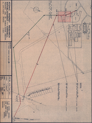 NI(GP)(59)19 also PSPC/P49 The main surface water drainage scheme for the Proton Synchrotron area of the Rutherford Laboratory (Revision of scheme following long-term observations of soakaways, consultation with Met Office and Merz and McLellan; includes plan of two possible routes, 11 June 1959)