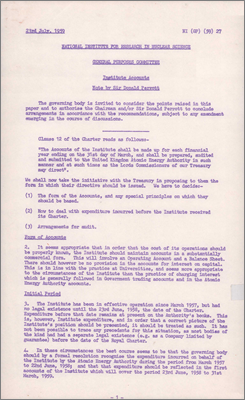 NI(GP)(59)27 Institute accounts: Note by Sir Donald Perrott (Discusses the form of accounts for the Institute which came into legal existence on 23 June 1958, 23 July 1959)