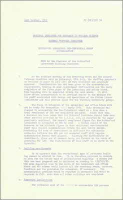NI(GP)(59)36 Rutherford Laboratory non-industrial staff accommodation (350 non-industrial staff were anticipated but by taking-over some services from AERE, the staff complement is estimated to be 680 by 1963; a permanent building cannot be erected in time so plan for a better prefabricated building for 120 people to the south of site costing 45,000 pounds, 14 October 1959)