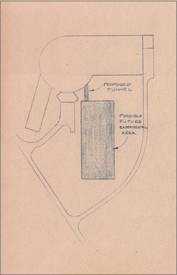 NI(GP)(59)41 Preparatory work for future extension of Experimental Area (Second experimental area required urgently because Nimrod now at capacity; to run  east-west; difficult to tunnel through earth mounding so concrete tunnel being added now; sketch included, 14 October 1959)