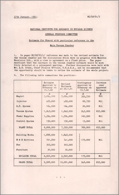 NI/GP/61/3 Estimate for Nimrod with particular reference to the Main Vacuum Chamber (27 January 1961)