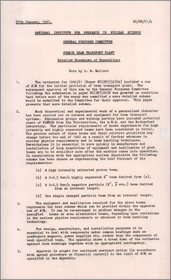 NI/GP/61/4 Detailed breakdown of expenditure (Plans and expenditure for Nimrod beam transport plant, 27 January 1961)