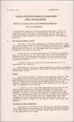 NI/GP/61/20 Review of building plans for the Rutherford Laboratory (Current status of various buildings, 4 April 1961)