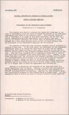 NI/GP/61/25 Development of the parasitic area at Nimrod (Beam transport equipment for second experimental area, 5 April 1961)