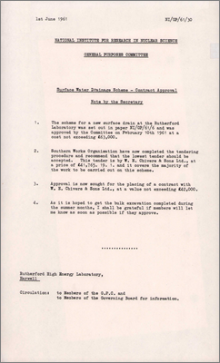 NI/GP/61/30 Surface water drainage scheme: Contract approval (1 June 1961)