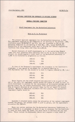 NI/GP/61/44 Staff complement for the Rutherford Laboratory (22 September 1961)