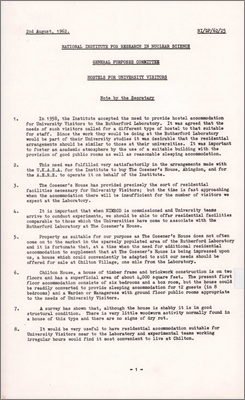 NI/GP/62/25 Hostels for university visitors (Coseners House will soon be insufficient so consider Chilton House or Lime Tree House, 2 August 1962)